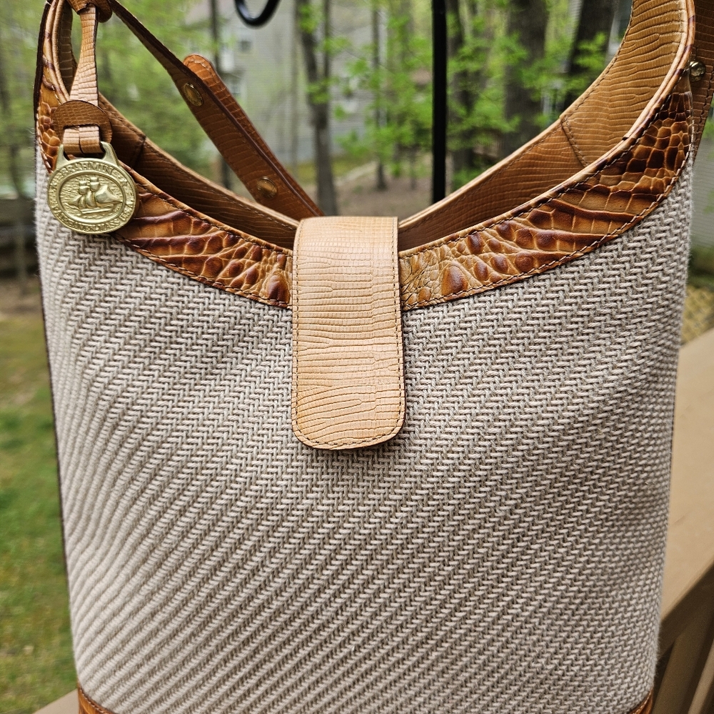 Brahmin Toasted Rum Melbourne Croc Embossed Leather & Woven Kendall Shoulder Bag